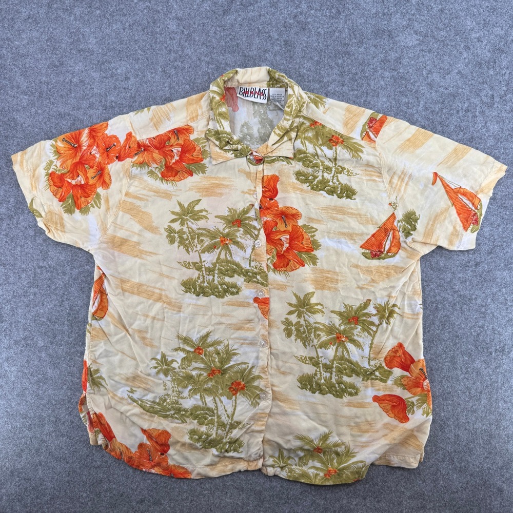 Vintage Tropical Floral Sailboat Yellow Rayon Bill Blass Jeans Shirt Womens L